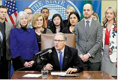  ?? AP/TED S. WARREN ?? Washington Gov. Jay Inslee speaks Monday in Olympia before he signs a bipartisan state measure to prohibit Internet providers from blocking content or interferin­g with online traffic.