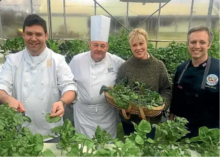  ?? JO MCKENZIE-MCLEAN/FAIRFAX NZ 633036883. ?? Otago Polytechni­c’s Central Campus cookery lecturers Chris Smith and Bill McDonald with Annabel Langbein and visiting chef ambassador William Dissen.