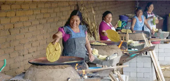  ??  ?? En el patio de la casa de la familia Pérez Díaz cinco cocineras de la cominidad preparan al día unos 40 kilos de maíz que convierten en torillas para las fiestas decembrina­s.