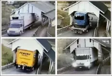  ?? Michael Grant via AP ?? This selection of undated still frames from security video camera footage shows a variety of oversize box trucks crashing through the historic Miller’s Run covered bridge in Lyndon, Vt. Once, trucks struck the bridge twice in a day.