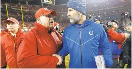  ?? CHARLIE NEIBERGALL/ASSOCIATED PRESS ?? Andy Reid, left, greets Colts coach Frank Reich after Saturday's game.