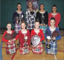  ?? ?? Above, the senior age groups trophy winners with judge Dawn Fraser of Stirling who presented the trophies at Atlantis on Sunday afternoon.
Right, young Alfie Robertson of Oban was competing for the first time and was delighted to be placed third in the novice march under 14.
Below, young pipers tuning up before competing at The Rockfield Centre on Saturday.