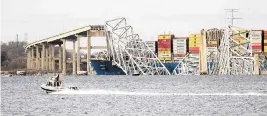  ?? JASPER COLT USA TODAY NETWORK ?? Officials patrol the waters of the Patapsco River around the collapsed Francis Scott Key Bridge in Baltimore. Rescue efforts for the four remaining victims have been called off.