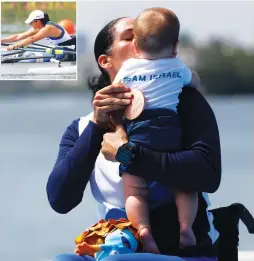  ?? (Reuters, Igor Meijer/Daniel Rowing Center) ?? ISRAELI ROWER Moran Samuel (and inset) kisses her son, Arad (which means bronze in Hebrew), after capturing the bronze medal yesterday in the arms-shoulders women’s single sculls final at the Paralympic Games in Rio.