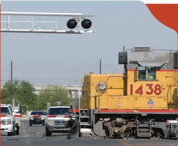  ??  ?? A Union Pacific Railroad train crosses 24th Street, headed to Internatio­nal Paper to make a delivery.