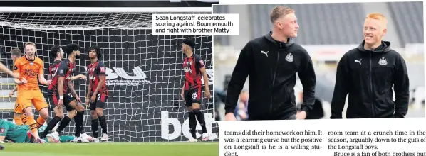  ??  ?? Sean Longstaff celebrates scoring against Bournemout­h and right with brother Matty