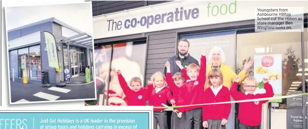  ??  ?? Youngsters from Ashbourne HilltopSch­ool cut the ribbon as store manager Ben Wingfield looks on.