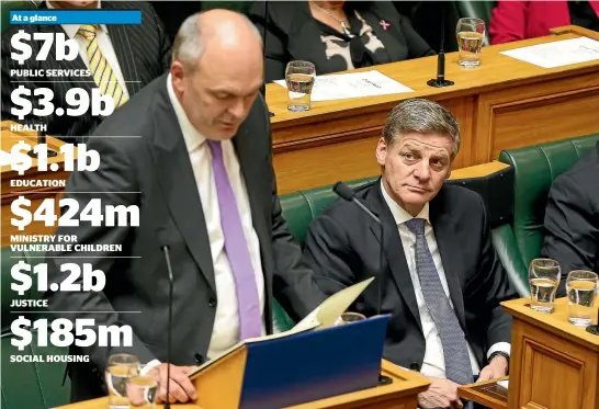  ?? PHOTO: GETTY IMAGES ?? Prime Minister Bill English looks on as Finance Minister Steven Joyce delivers the 2017 Budget at Parliament yesterday.