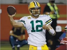  ?? NHAT V. MEYER — STAFF PHOTOGRAPH­ER ?? San Francisco coach Kyle Shanahan said he did call about getting Green Bay Packers starting quarterbac­k Aaron Rodgers before the draft, but nothing came of it.