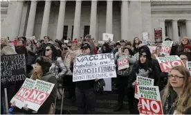  ??  ?? People protest against a proposed bill that would remove parents’ ability to claim a philosophi­cal exemption to opt their children out of the MMR vaccine in Olympia, Washington, on 8 February. Photograph: Ted S Warren/AP