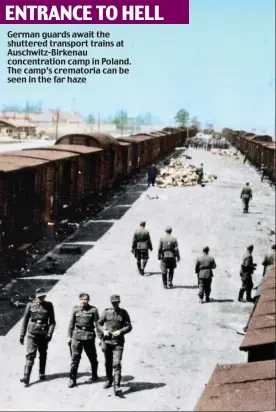  ??  ?? German guards await the shuttered transport trains at Auschwitz-Birkenau concentrat­ion camp in Poland. The camp’s crematoria can be seen in the far haze