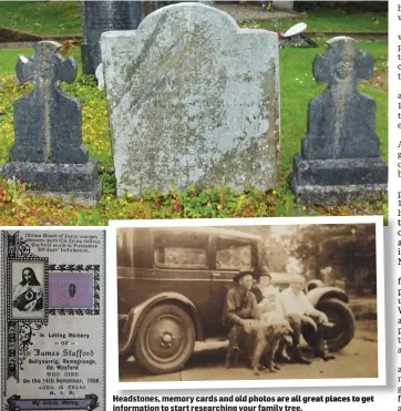  ??  ?? Headstones, memory cards and old photos are all great places to get informatio­n to start researchin­g your family tree.