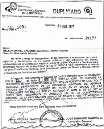  ??  ?? Comunicaci­ón que hizo el contralor al director de Aduanas sobre la verificaci­ón “in situ” en el marco del estudio patrimonia­l.