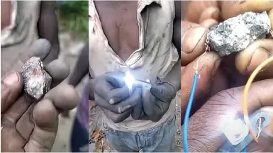  ?? ?? ABOVE:
The viral videos showed the Congolese “electric rocks” being attached to wires and apparently powering a small light bulb.