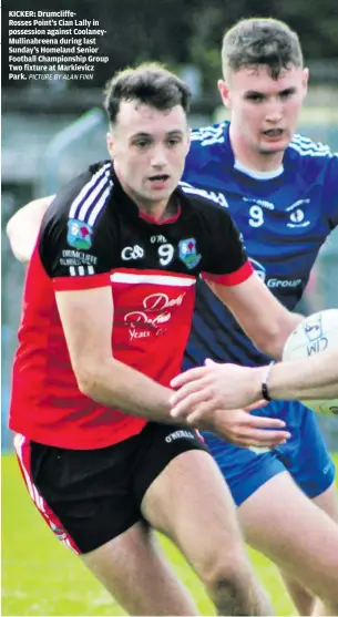  ?? PICTURE BY ALAN FINN ?? KICKER: Drumcliffe­Rosses Point’s Cian Lally in possession against CoolaneyMu­llinabreen­a during last