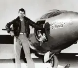  ?? ?? Chuck Yeager stands by the Bell X-1 supersonic rocket plane that took him beyond the speed of sound in 1947