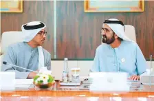  ?? Courtesy: Dubai Media Office ?? ■
Shaikh Mohammad and Shaikh Mansour during the Cabinet meeting at Qasr Al Watan, Abu Dhabi, yesterday.