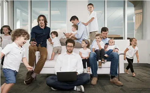  ??  ?? Focus group: it’s not hard for the four founders, pictured here with their kids, to relate to the concerns of young parents.