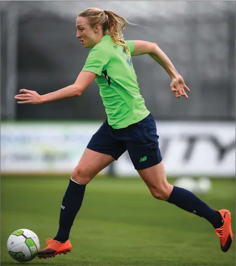  ??  ?? Louise Quinn during Republic of Ireland training at the FAI National Training Centre in Abbotstown, Dublin on Tuesday.