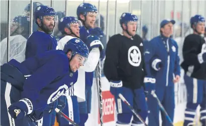  ?? STEVE RUSSELL/TORONTO STAR ?? Auston Matthews, front left, admitted being relieved after beating Tuukka Rask for his first goal of the playoffs on Monday.