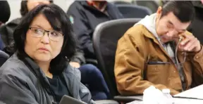  ?? MORGAN MODJESKI ?? The mother of Brydon Whitstone, Dorothy Laboucane, left, looks on as Whitstone’s father, Albert, wipes his eyes at a press conference at the Federation of Sovereign Indigenous Nations offices in Saskatoon, on Tuesday.
