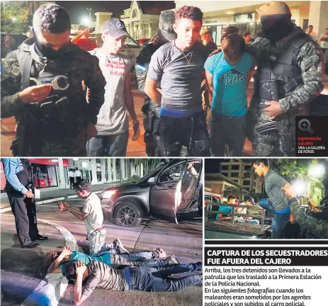  ??  ?? Arriba, los tres detenidos son llevados a la patrulla que los trasladó a la Primera Estación de la Policía Nacional. En las siguientes fotografía­s cuando los maleantes eran sometidos por los agentes policiales y son subidos al carro policial. CAPTURA...