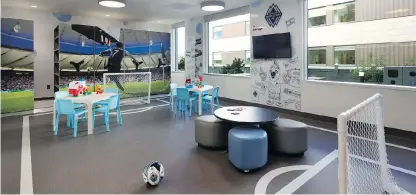  ??  ?? The Vancouver Canucksthe­med playroom mimics the experience of watching the game in-arena with video board and ticker tape that can deliver personaliz­ed messages (above) A projection-based interactiv­e game will allow kids to play virtual soccer in the...
