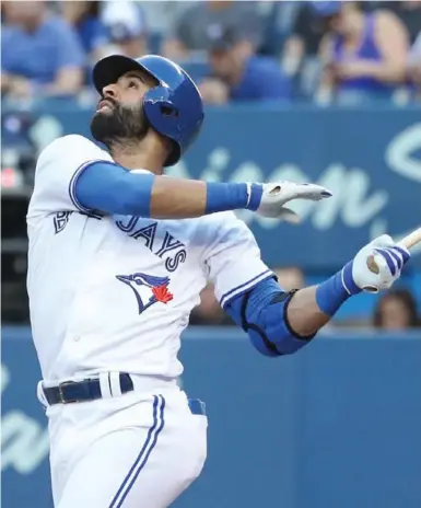  ?? STEVE RUSSELL/TORONTO STAR ?? Jose Bautista, back from that toe injury, returned to the leadoff spot and right field for the opener of a three-game series against the Padres at the Rogers Centre. He went 1 for 3 with a walk in the 4-2 victory.