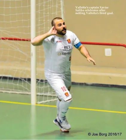  ??  ?? Valletta's captain Xavier Saliba celebrates after netting Valletta's third goal.