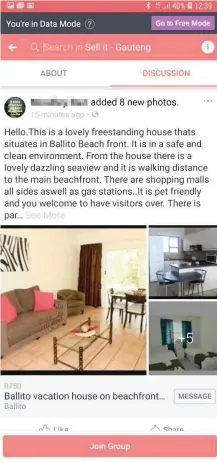  ?? PICTURE: SUPPLIED ?? A screen shot of one the many social media posts advertisin­g the ‘holiday accommodat­ion’ at R750 per night.
