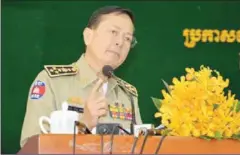  ?? FACEBOOK ?? National Police chief Neth Savoeun, seen speaking at an event earlier this year, was among the 13 high-ranking officials awarded the title of ‘Sante Bandit’, meaning ‘Doctors of Peace’, on Monday.