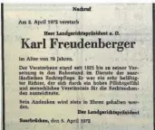  ?? FOTO: BRIAN TIMMY ERBE ?? Am 6. April 1972 stand diese Todesanzei­ge für Karl Freudenber­ger in der Saarbrücke­r Zeitung.