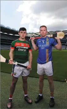  ??  ?? Corey Scahill of Mayo with Warren Kavanagh of Wicklow during the Christy Ring competitio­n launch at Croke Park in Dublin.