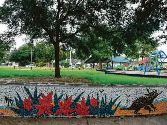 ??  ?? Texas landscape is the theme for Franklin Elementary School’s SPARK Park. Rose Toro’s mosaic for the East End school includes images of bluebonnet­s, pecan trees, mockingbir­ds, monarch butterflie­s, horned lizards, armadillos and prairie dogs.