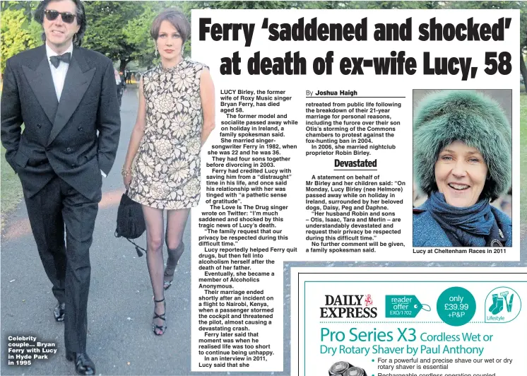  ??  ?? Celebrity couple... Bryan Ferry with Lucy in Hyde Park in 1995 retreated from public life following the breakdown of their 21-year marriage for personal reasons, including the furore over their son Otis’s storming of the Commons chambers to protest...