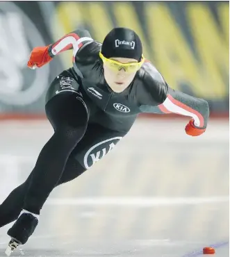  ?? JEFF McINTOSH/THE CANADIAN PRESS ?? Heather McLean skates to a seventh-place finish Sunday at the women’s world sprint championsh­ips in Calgary.