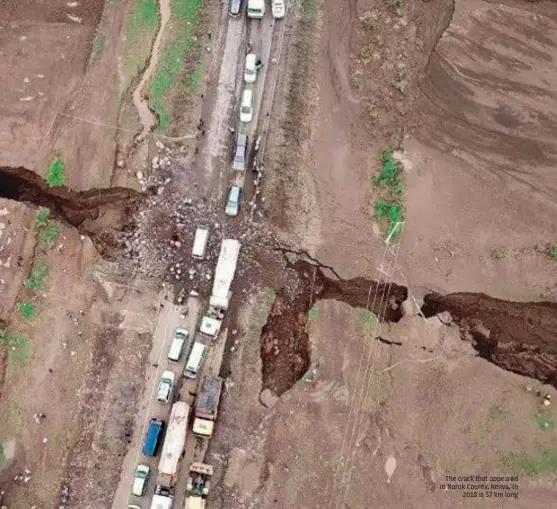  ??  ?? The crack that appeared in Narok County, Kenya, in 2018 is 57 km long