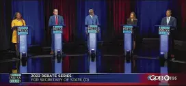  ?? COURTESY OF ATLANTA PRESS CLUB ?? Five Democratic candidates for Georgia secretary of state — from left, Dee Dawkinshai­gler, John Eaves, Floyd Griffin, Bee Nguyen and Michael Owens — participat­ed Monday in the debate at Georgia Public Broadcasti­ng.