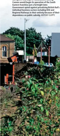  ?? ANTONY GUPPY. ?? Network SouthEast 465160 calls at Bickley with an Orpington-Victoria service on September 28 1996, during the final days of nationalis­ed running – Connex would begin its operation of the South Eastern franchise just a fortnight later. Government opted against privatisin­g British Rail’s individual business sectors including NSE and Regional Railways in their entirety because of their dependence on public subsidy.