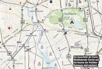  ??  ?? Ein Ausschnitt der Karte: Wohlhabend­e Viertel und die Routen der PolitikerK­olonnen sind markiert.