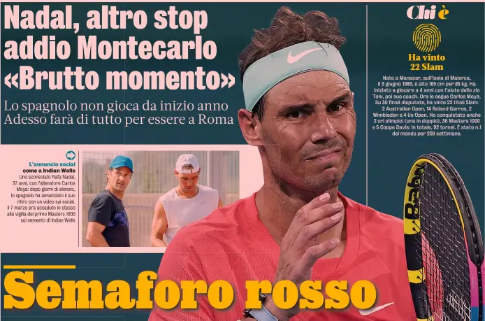  ?? ?? L’annuncio social come a Indian Wells Uno sconsolato Rafa Nadal, 37 anni, con l’allenatore Carlos Moya: dopo giorni di silenzio, lo spagnolo ha annunciato il suo ritiro con un video sui social. Il 7 marzo era accaduto lo stesso alla vigilia del primo Masters 1000 sul cemento di Indian Wells