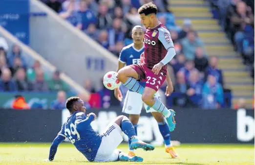  ?? AP ?? Leicester City’s Patson Daka (left) tackles Aston Villa’s Philippe Coutinho during the English Premier League match between Leicester City and Aston Villa at the King Power Stadium, Leicester, England on Saturday April 23, 2022.