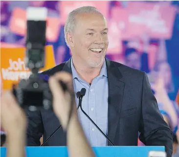  ?? MARK VAN MANEN/PNG ?? NDP Leader John Horgan told a large party rally at the Commodore Ballroom in Vancouver on Sunday that his rival is only working for her donors.
