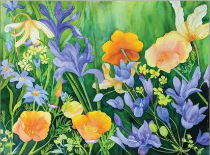  ?? CONTRIBUTE­D PHOTOS ?? California Poppies and Iris watercolor by Mary Monroe, the Corner Gallery's front window artist for February.
