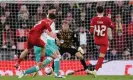  ?? Justin Setterfiel­d/Getty Images ?? Lewis Koumas opens the scoring for Liverpool just before half-time. Photograph: