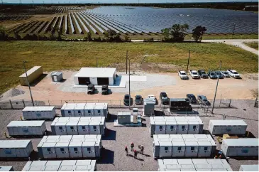  ?? Jon Shapley/Staff photograph­er ?? A battery storage yard is shown at the Blue Jay solar and storage plant in Iola. ERCOT and clean energy developers disagree on how to remedy flaws in some resources that could lead to “immediate catastroph­ic grid failure.”