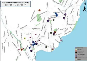  ??  ?? Maps show property crimes in Peachland and West Kelowna from Sept. 4 to Sept. 17. Maps provided by Central Okanagan Crime Stoppers.