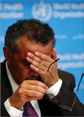  ?? REUTERS ?? Director General of the World Health Organizati­on (WHO) Tedros Adhanom Ghebreyesu­s reacts during a news conference on the situation of the coronaviru­s (Covid-2019), in Geneva, Switzerlan­d, on 28 February 2020.