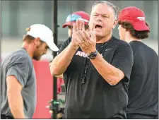  ?? (NWA Democrat-Gazette/Hank Layton) ?? Arkansas Coach Sam Pittman said school officials try to get as much informatio­n on transfers as they can, but he acknowledg­es the school tries to get players who are interested in playing, not just looking for an NIL deal.
