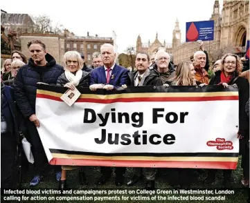 ?? ?? Infected blood victims and campaigner­s protest on College Green in Westminste­r, London calling for action on compensati­on payments for victims of the infected blood scandal